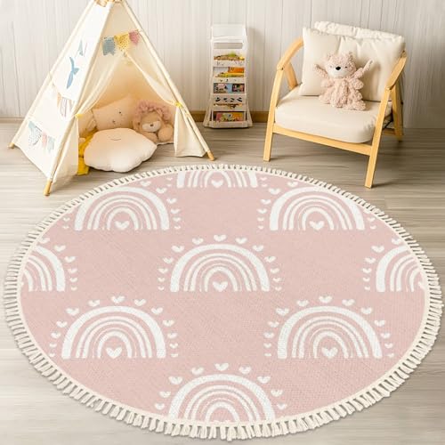 Image of DNEWYNPABV Round Boho Rug Kids Hand Drawn Seamless with Pink Pastel Rainbows Summer for Baby Area Linen Carpet Patio Hallway Runner Mat Pad Minimalist Home Decor Living Room Outdoor, Multi, 4 ft
