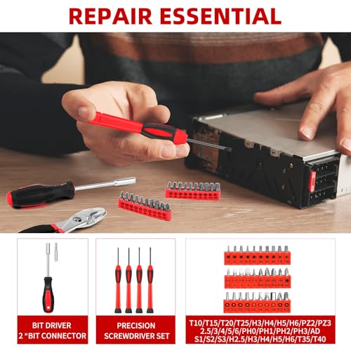 Image of 144-Piece Red Home Tool Set, Household Hand Kit with Plastic Toolbox | Basic repair tools for women & college students, all-purpose dorm set for home, apartment, office & daily household DIY use