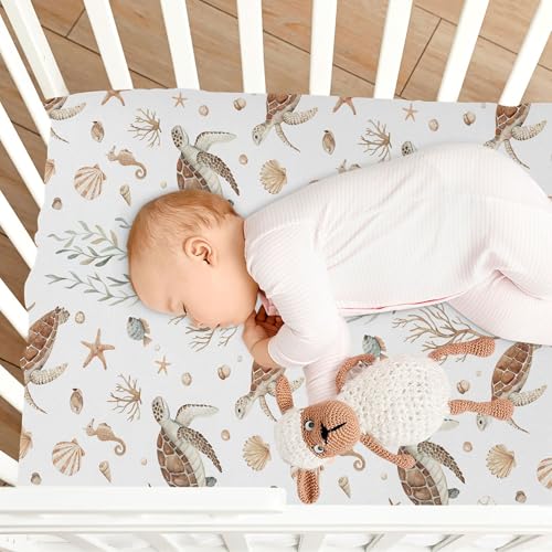 Image of Burbuja Ocean Turtle Crib Sheet for Boys Girls, Fitted Crib Sheet 28 x 52 in for Standard Crib & Toddler Bed Mattresses, Soft & Breathable