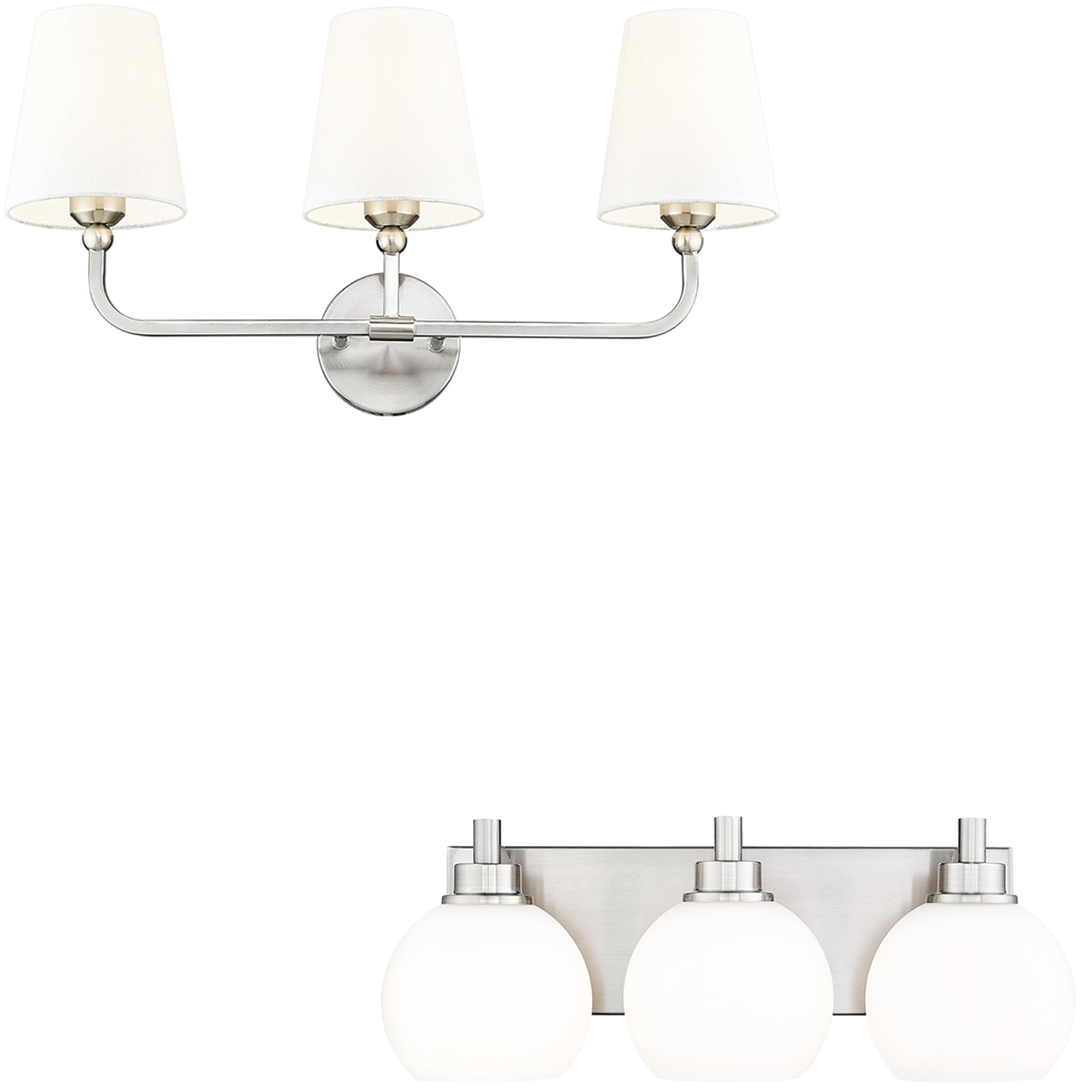 METWET 3-Light Modern Wall Sconces Light with Globe Milk White Glass Shade and 3-Light Bathroom Vanity Lights with Flared White Fabric Shade, Brushed Nickel, VL195+VL837