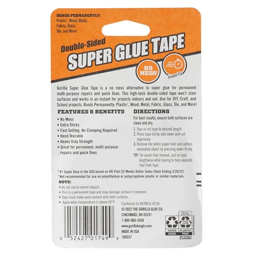 Image of Gorilla Super Glue Tape, High Tack, Double Sided, Clear, 5 /8in x 20ft