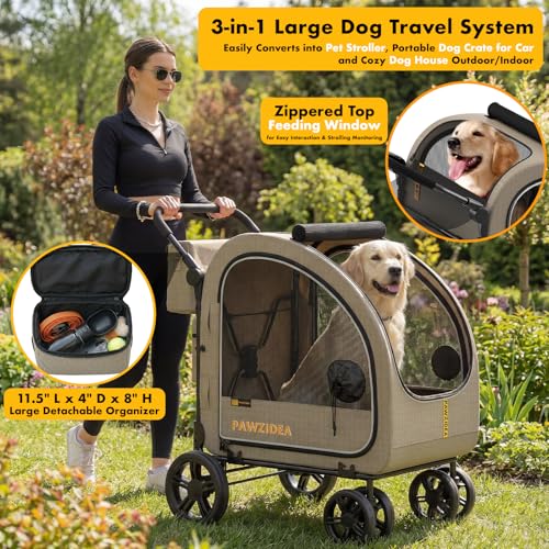 Image of PAWZIDEA 3-in-1 Large Dog Stroller with Detachable Carrier up 100lbs, Foldable Dog Crate for Car Travel, All-Terrain Pet Stroller for 2 Medium Dogs, Jogger Wheels, Adjustable Handle, Stroage Organizer