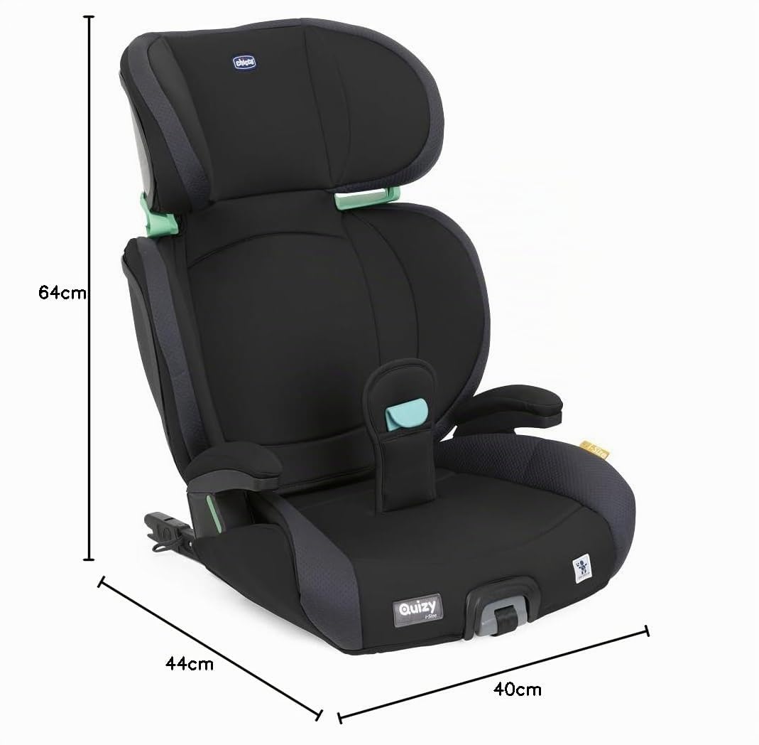 Chicco, Quizy i-Size, Silla de Coche para Niños 3-12 Años (100-150 cm), Instalación Fácil con Sistema Isofix, Reclinable, Ajustable en Altura, con Reposabrazos Acolchados y Asiento Cómodo, Negro