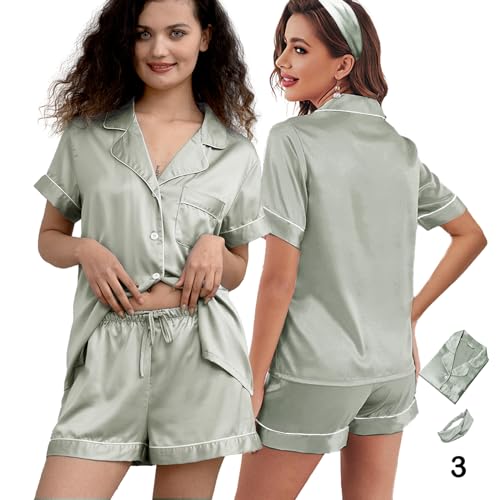 Image of 3Pcs Silk Pajamas XS-4XL Womens Satin Pajama Short Floral Sleepwear Bride Soft Pj Lounge Sets Pjs Shorts Set