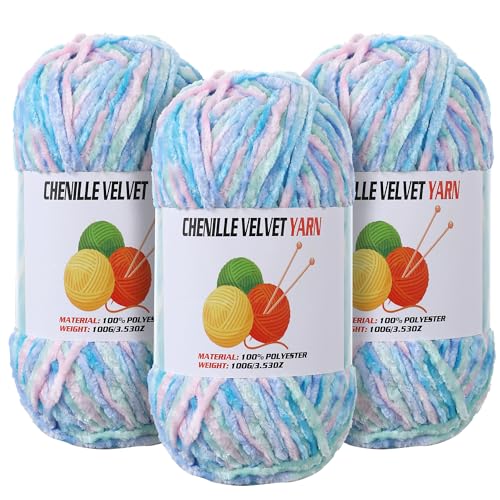 Image of 3 * 100g Velvet Chenille Chunky Yarn for Crocheting, Handcrafts Weaving Soft Chenille Yarn for Crocheting Clearance, Used for Making Baby Yarns Blanket, Clothes, Knitting Creations (Candy Color)