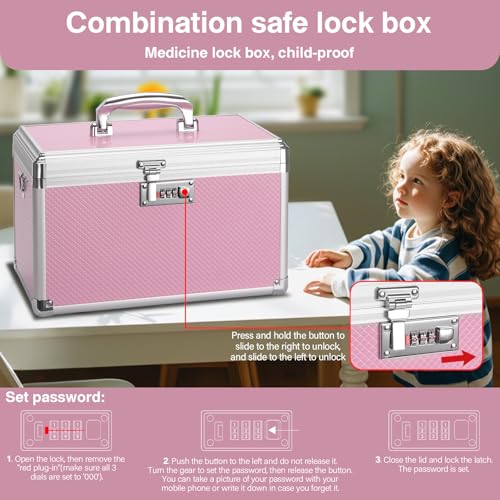 Image of Medicine Lock Box with Combination Lock - 11.2 x 7.6 x 7.6 Inches - First Aid Safe Medication Storage Box, Medications and Personal Items, Safe Boxes for Home and Outdoor - Pink