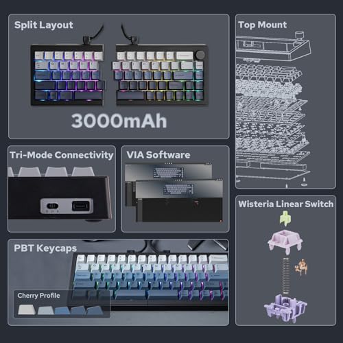 Image of EPOMAKER Split65 QMK /Via Programmable Keyboard, Wireless Mechanical in 2.4Ghz /Bluetooth /Type-C, Ergonomic Split Layout Gaming Keyboard with RGB Backlight (Wisteria Linear Switch)