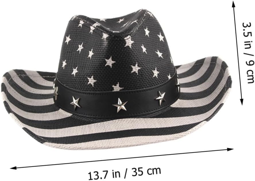 POPETPOP American Flag Cowboy Hat Straw Fedora with Black Stripe 4th of July Sun Hat for Men and Women Vintage Western Style