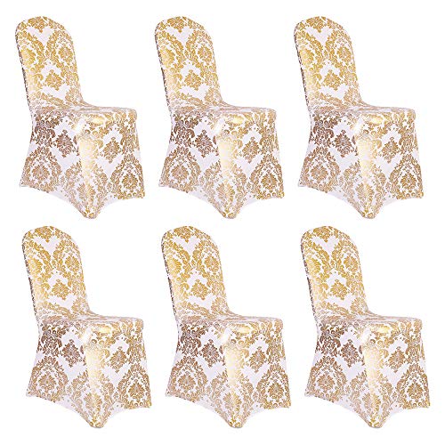 Desirable Life 1/4/6/10 PCS Bronzing Gold Print Flower Removable Washable Spandex Chair Cover Set (Gold+White, 6)