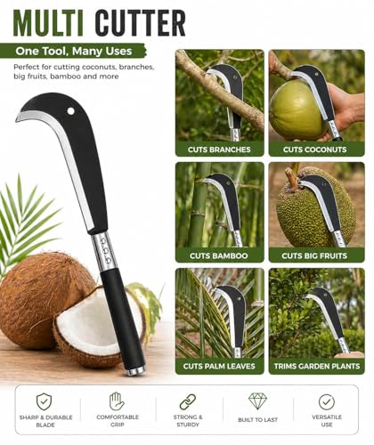 Image of ARUSPRAY Multipurpose Kitchen Knife | Billhook Knife, Kerala Koduval for Coconut Cutting, Handmade Nariyal Cutter, High Tempered Iron Steel Blade