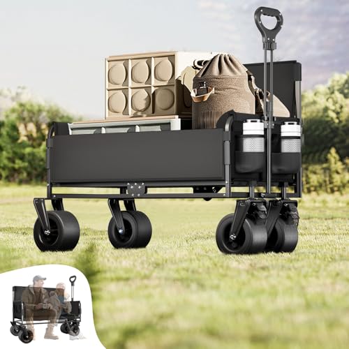 2 in 1 Wagon Bench - Beach Rolling Wagon with Seat That Can Carry 530 Lbs, with Big Wheels, Wagons Carts Foldable for Camping, Outdoor Fishing, Market Stalls