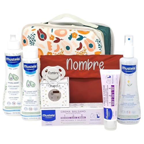 Mababy Mi Primera Canastilla – Sets Regalo Bebé con Cosmética Suave y Chupete Personalizado, Bolsa Cesta Personalizada Aseo Recién Nacido (Varios (Neceser Terracota))