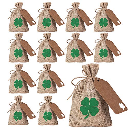 12 Sets St. Patrick's Day Party Favor Bags Lucky Shamrock Burlap Gift Bags Four-Leaf Clover Rustic Hessian Goody Bags Kids Candy Treat Bags Coin Bags with Gift Tags for Saint Patrick's Day Irish Party
