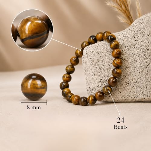 Image of VAMA Natural Tiger Eye Bracelet | Certificate of Authenticity | Confidence, Protector, Will Power | Tiger Eye Round Beads | Crystal Stone Bracelet for Men and Women