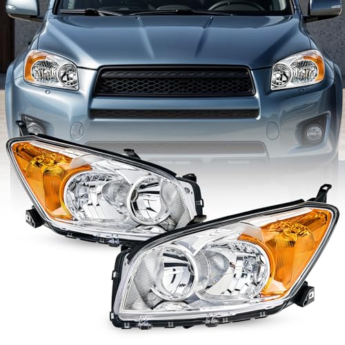VRC Headlight Assembly Compatible With 2009-2012 Toyota RAV4 Chrome W/Amber Headlamps Replacement Pair Set Driver & Passenger Side