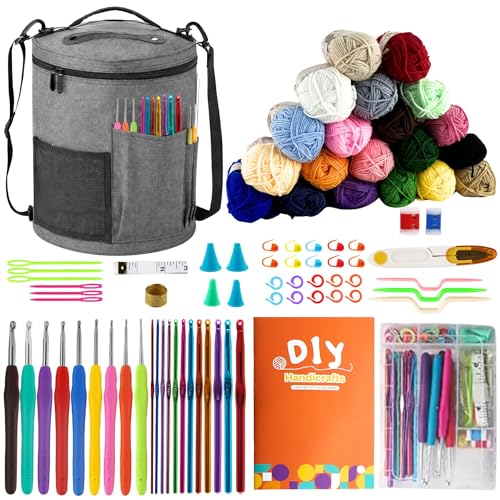 SusggO 81 Piezas Kit Crochet Kit Principiantes Completo Crochet Kit Amigurumi – 20 lanas Algodon de Leche lanas para crochet Agujas Crochet agujas de ganchillo Manual Video y Bolso - Kit Crochet