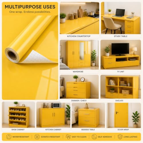 Image of Vinyl Contact Paper Decorative for Cabinets Countertops Kitchen Shelves Liner Self Adhesive Film Peel and Stick Waterproof Removable Wallpaper (Inches 24 x 50, Glossy Yellow)