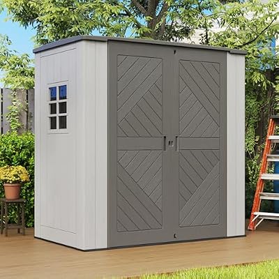 HOMSPARK Outdoor Storage Shed 6x4 Ft, All-Weather Resistant Resin Garden Sheds & Outdoor Storage Clearance with Floor & Windows, Double-layer Plastic Tool Sheds for Patio, Garden & Lawn(Grey,Flat Top)