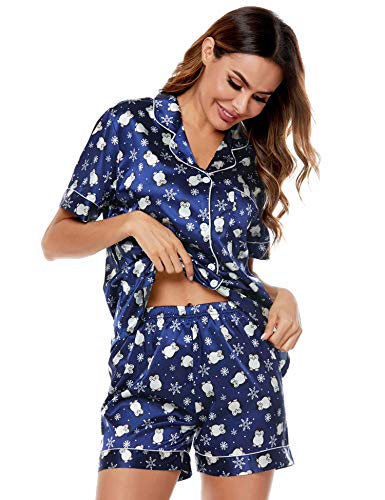 Image of SWOMOG Pajamas Set Short Sleeve Sleepwear Womens Button Down Nightwear Soft Pj Lounge Blue Penguin