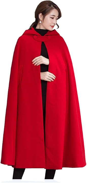 Winter Cape for Women Warm Red Cloak with Hood Wool Blend Poncho Cape Jacket