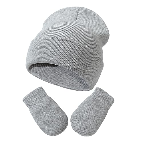 Image of Baby Beanie Hat Gloves Set, Kids Winter Warm Knit Hat with glvoes,Toddler Soft Beanie for Little Boys Little Girls Children