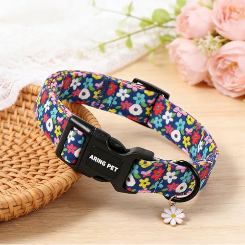 Image of ARING PET Girl Dog Collar, Cute Spring Summer Blue Daisy Floral Pet Collars for Puppy Small Medium Large Female Girly Dogs-XL, for Daily Outdoor Walking Training
