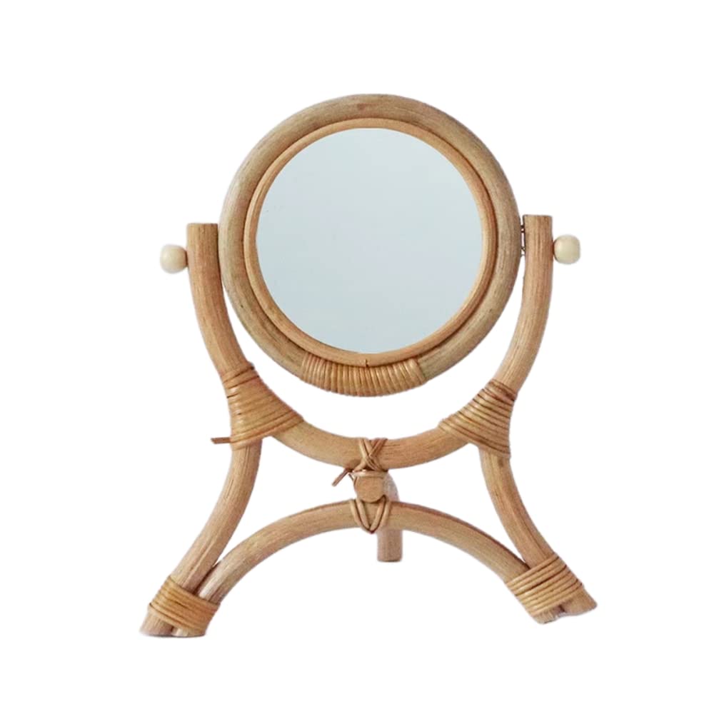 Natural Rattan Mirror,Hand-Woven Table Makeup Rattan Mirror with Stand Rack Natural,6.7inch*11.8inch