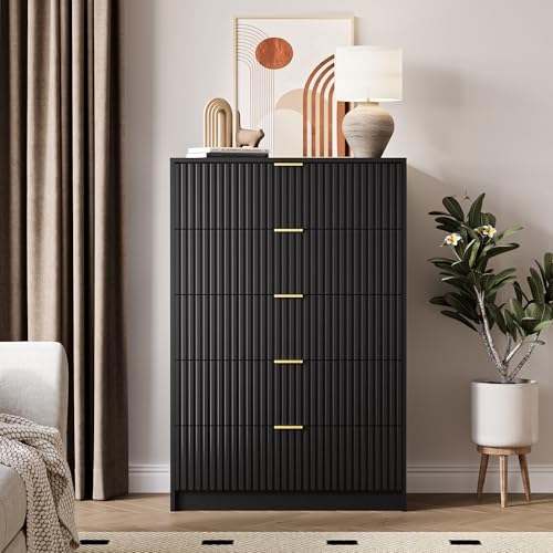Image of MAISONARIA 5 Drawer Dresser for Bedroom, Tall Dresser Chest of Drawers with Gold Handles, 32 Inch Wide Nightstand with for Bedroom, Living Rooms, Offices, and Entryways, Black