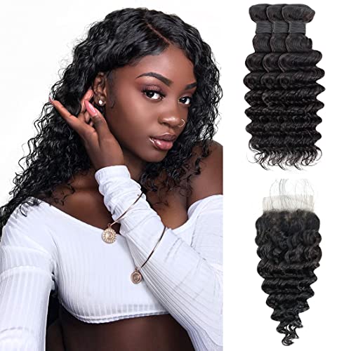 Deep Wave Bundles Human Hair 3 Bundles With Closure (20 22 24+18) 4x4 HD Lace Closure With Pre Plucked With Baby Hair 12A Frontal with Bundles Human Hair Bundles with Closure Natural Black