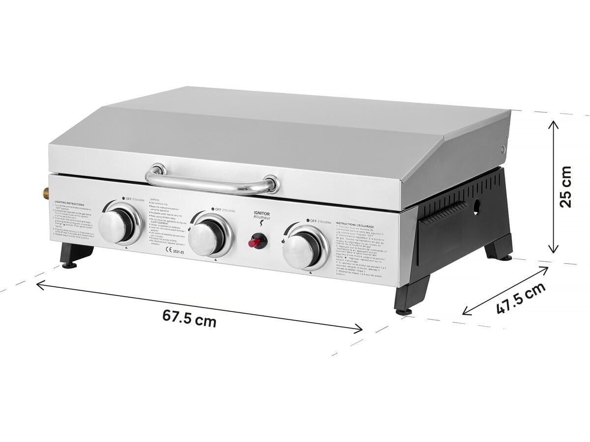 Plancha à gaz avec 3 bruleurs et Couvercle en métal Fasto - 7,5 KW - Gris
