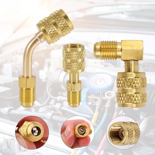 3pcs R410A Adapter for Mini Split System, 5/16\" SAE Female to 1/4\" SAE Male Flare Charging Vacuum Port Coupler Straight & 45°& 90° Angle Adapters Fitting for Air Conditioner Refrigeration HVAC