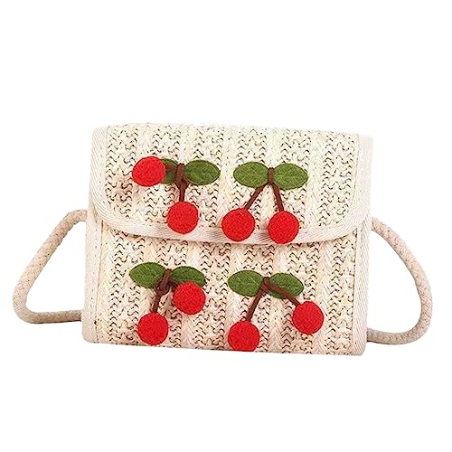Straw Bag for Women - Cherry Shoulder Bag, Cute Straw Purse, Woven Crossbody Cluth, Stylish Beach Handbags, Travel Sling Wallet, Summer Daily Decoartion 20 x 16 x 8cm