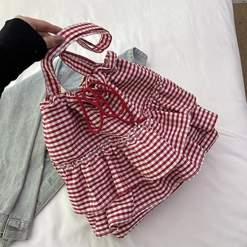 Women's Plaids Print Canvas Bag With Ruffle Trim Casual Shoulder Bag Spacious Interior Underarm Bags For Everyday Use3