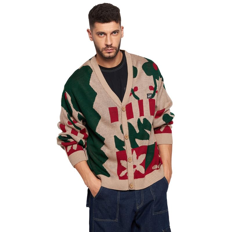 fugazee Beige Abstract Oversized Cardigan for Men | Acrylic Wool Fabric | Full Sleeves | Dropped Shoulder | Buttoned Closure | Ribbed Neck & Cuffs | Knitted Winterwear-picture-58