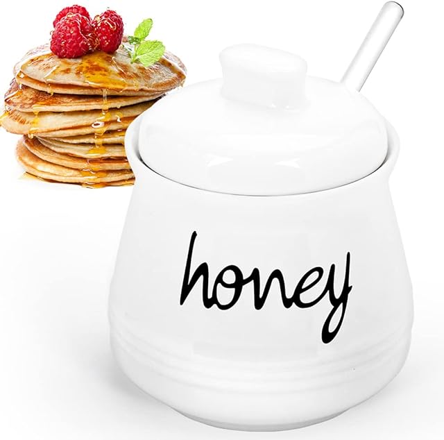 Cyimi Honey Pot, Ceramic Honey Pot with Lid and Glass Dipper for Home Kitchen, Porcelain Honey Dispenser Jar, 12 Oz/355ML, White