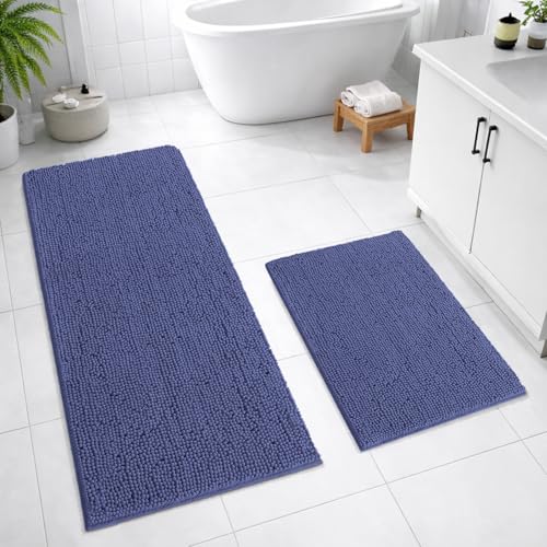 Image of LUXEHOME International Bath Mats for Bathroom Anti Slip Microfiber Chenille Super Absorbent Quick Dry Water Soak Floor Mat for Home Kitchen Door (40x60cm 60x120cm Navy) Pack of 2