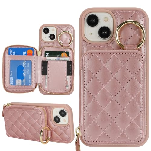 Hamany for iPhone 15 Plus Case Wallet with Card Holder for iPhone 15 Plus Phone case Wallet with Zipper with Slot Kickstand Stand Case for Women and Man 5G 6.7 Inch-Rose Gold
