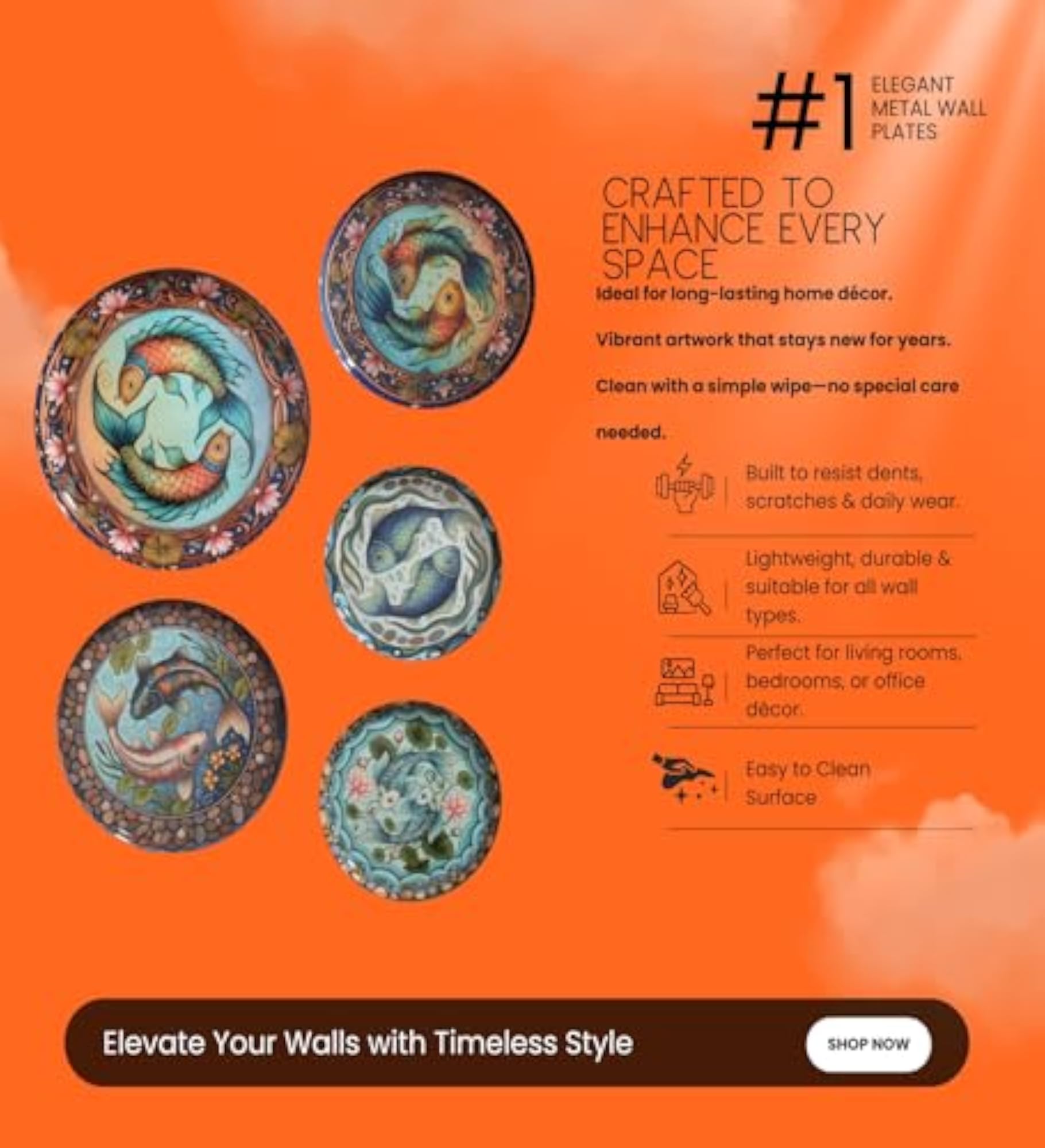 Decorative Wall Plates Set of 5, Koi Fish Theme
