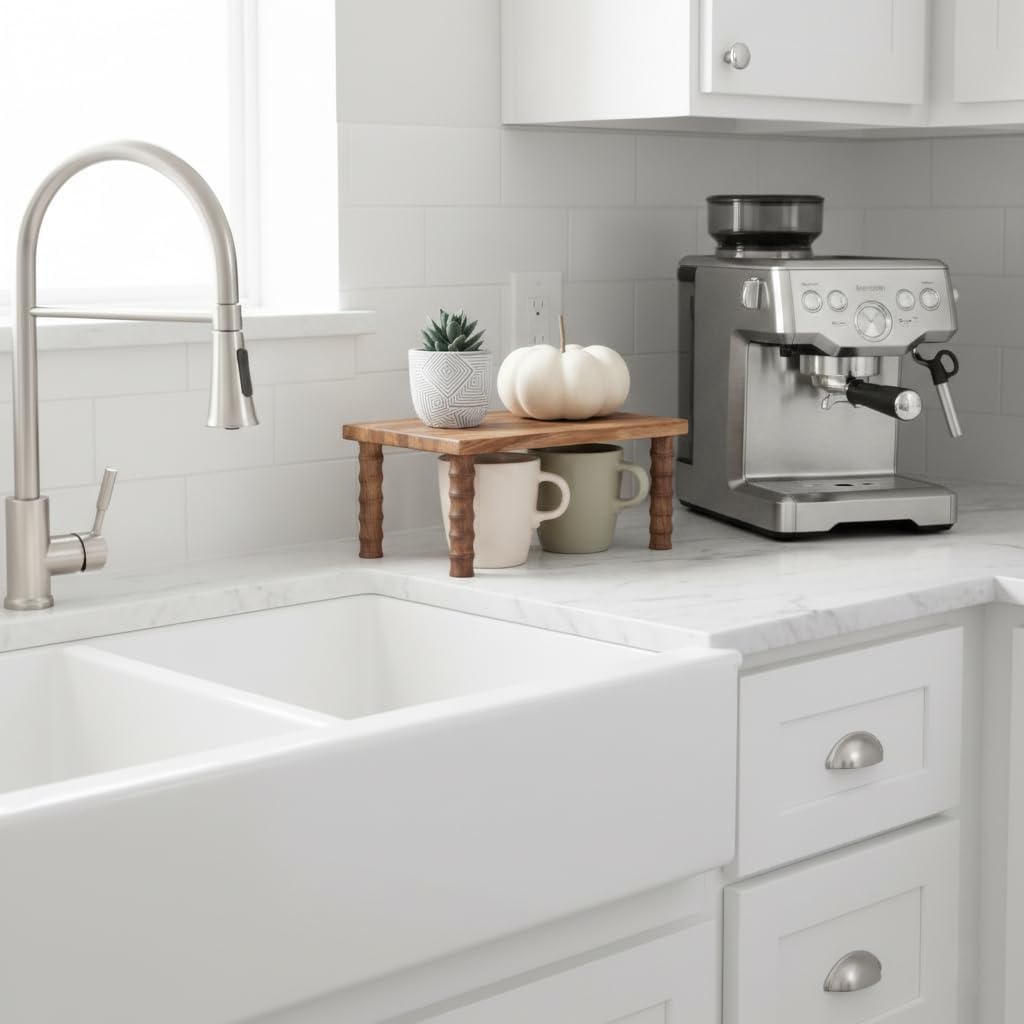 Small Kitchen Counter Shelf Acacia Wood Cabinet and Desktop Counter Riser Coffee Station Organizer Display Stand Shelf for Top of Desk Home Office Bathroom