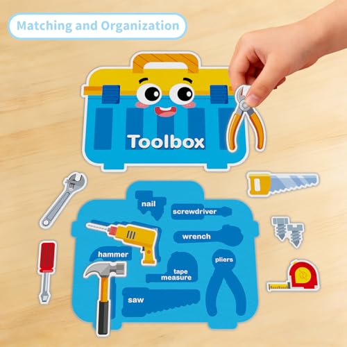 HOOJOJO Felt Matching Games Set Montessori Games Sorting and Matching Activities Suitcase Vegetable Basket Toolbox Medicine Box School Bag Theme (Tool Box Theme) - Image 7