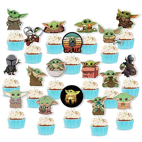 Cute Yoda Cupcake Topper Cake Topper Birthday Cake Decor Party Supplies For Kids Adults Yoda Star theme Birthday Party Baby Shower Decor 48 Counts