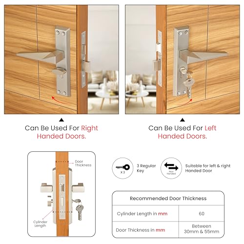 Image of LAPO Mortise Door Lock for Home Main Door & Bedroom with Handle, Left-Right Fit 30-50mm Door Home Office Hotel, Heavy-Duty 60mm Cylinder, 45x45mm Body, 3 Brass Keys | Matt Finish | CY-136