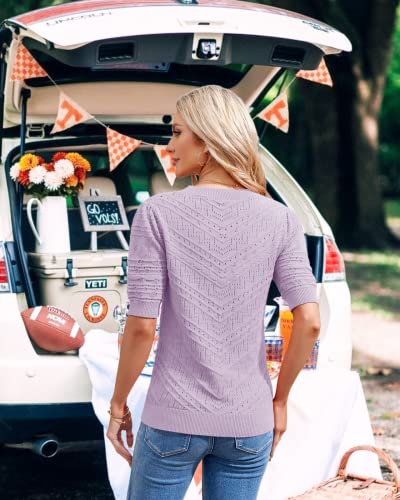 Image of Womens Puff Short Sleeve Sweater Summer Crew Neck Ribbed Knit Pullover Tops