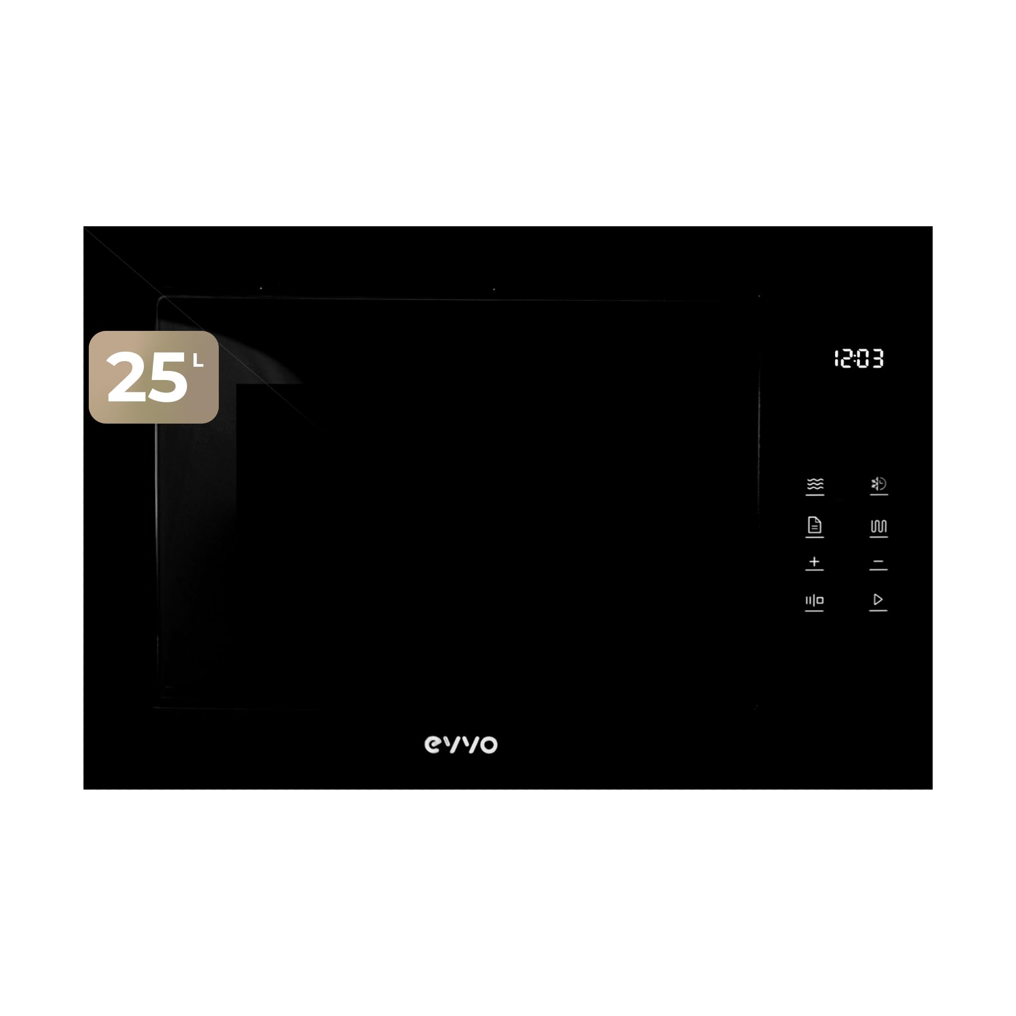 EVVO Microondas Integrable Mi45 Glass Bl - Horno Microondas Grill, 1200W, 25L Capacidad, 8 Funciones, Acero Inoxidable, Display Digital, Panel Táctil, Bloqueo Infantil, Temporizador 60 Min, Negro