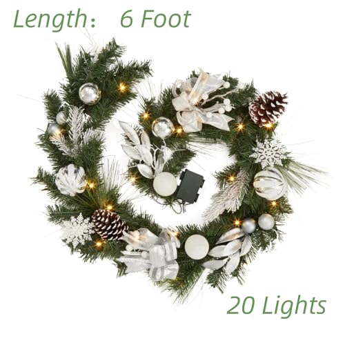 GarveeHome Christmas Garland with Lights for Mantle, 6ft Battery Operated Silver White Xmas Garland with 20 LED Lights Timer Ribbon for Fireplace Stair Railing TV Stand Indoor Outdoor Holiday Decor
