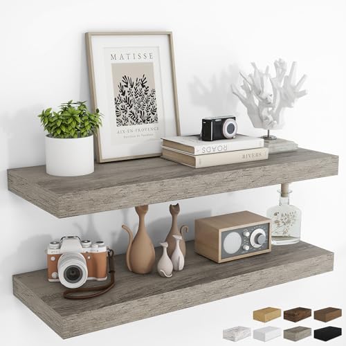 RICHFOCUS 36Inch Floating Shelves for Wall 2 Pack Shelves for Bedroom|Kitchen|Bathroom Wall Mounted Rustic Wood Floating Shelf with Invisible Brackets for Books|Storage|Decor Grey