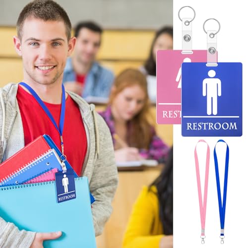 Image of Fuyoooo 6 Set Bathroom Pass for Classrooms with Keychain Blue,Pink | Hall Restroom Passes Including Lanyard, Durable PVC Waterproof, Bulk Set for Teachers Male Female Bathroom Icons