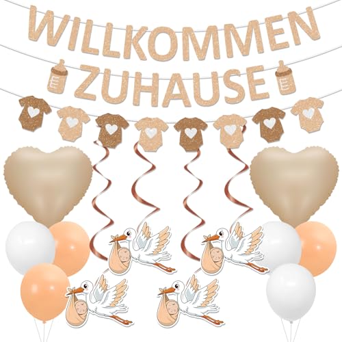 Afritee Willkommen Zuhause Baby Deko Herzlich Storch Geburt Für Draussen Girlande Banner Luftballons Set Welcome Home Baby Für Babyshower Familienfeiern Party Dekoration