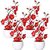 Suncalla 4 Pack Artificial Plum Blossom Bonsai, Fake Plum Blossom Silk Flower Arrangement with Flower Pot, Cherry Blossoms Decor for Hibachi Party Chinese Japanese Asian Theme Party Supplies(Upright)