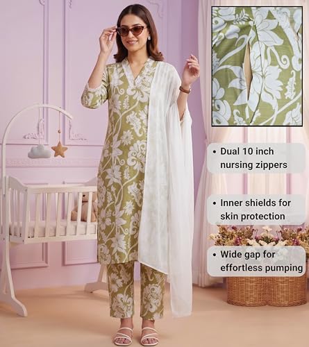 Image of DUMMY SHAPE Maternity Dresses for Women Cotton | Floral Kurta Pant Dupatta Set with Nursing Zippers, Side Pocket | Pre & Post Pregnancy | Feeding Kurti Suit | Baby Shower | Gifts for Pregnant Woman